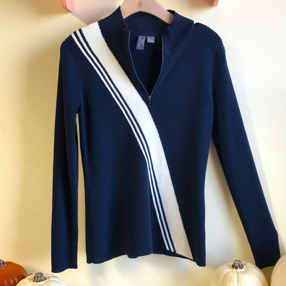 Sweaty Betty sz8-10 ribbed knit sweater Quarter Zip front Navy blue white stripe